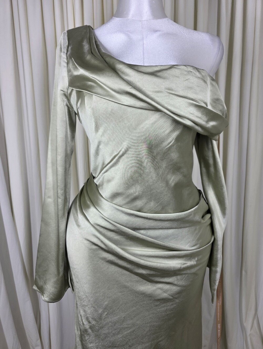 Meshki Iris Maxi Dress - Sage Satin One-Shoulder Long Sleeve XL NWT $259 - Picture 5 of 12